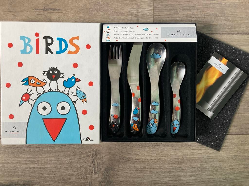 Kinderbestekset Auerhahn birds- met doos, Ophalen of Verzenden, Zo goed als nieuw, Rvs of Chroom, Vaatwasserbestendig