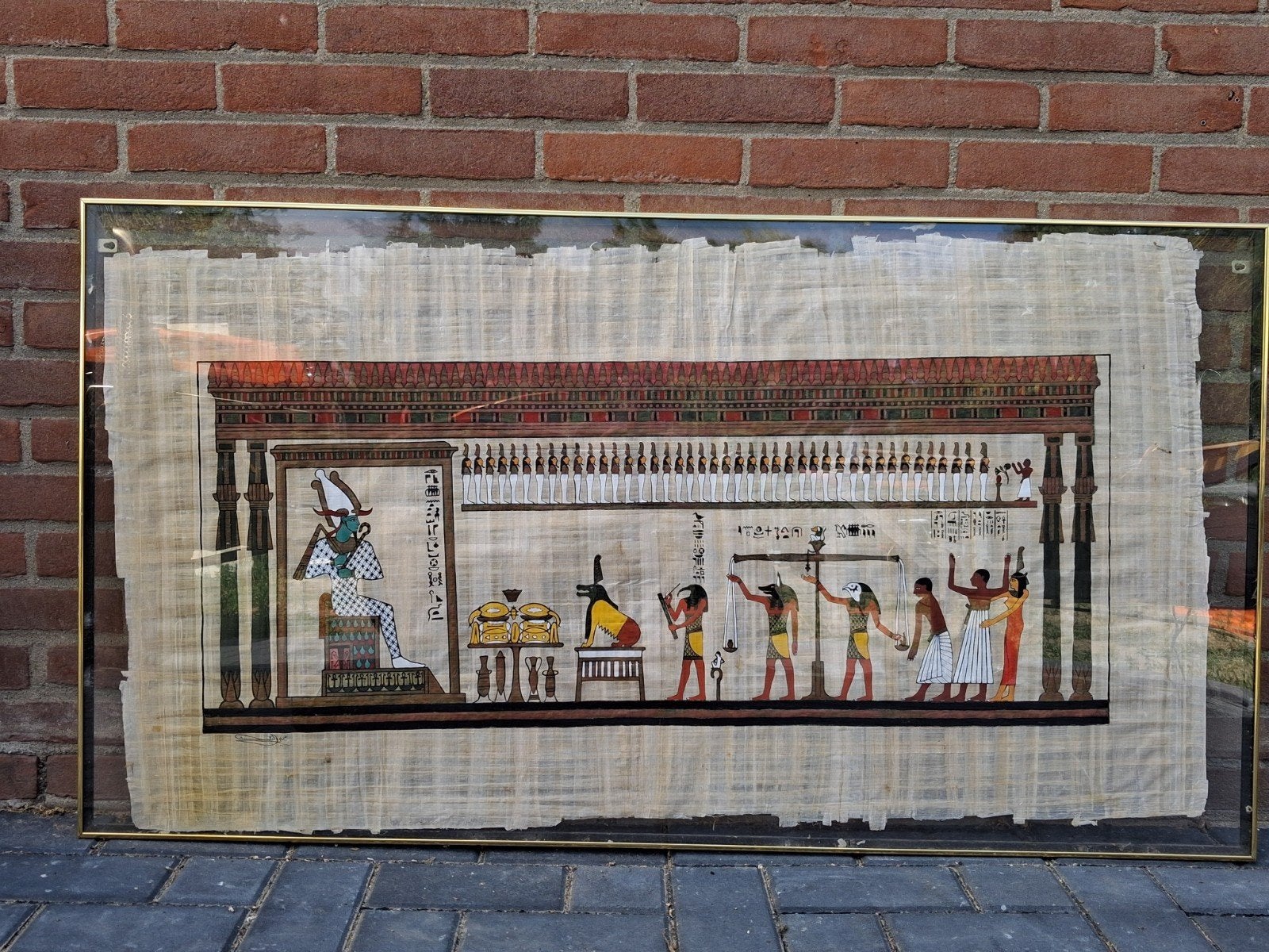 Ingelijst Egyptisch Papyrus Kunstwerk: Weging van het Hart, Handgemaakt, Schilderij, 71 cm, Meerkleurig