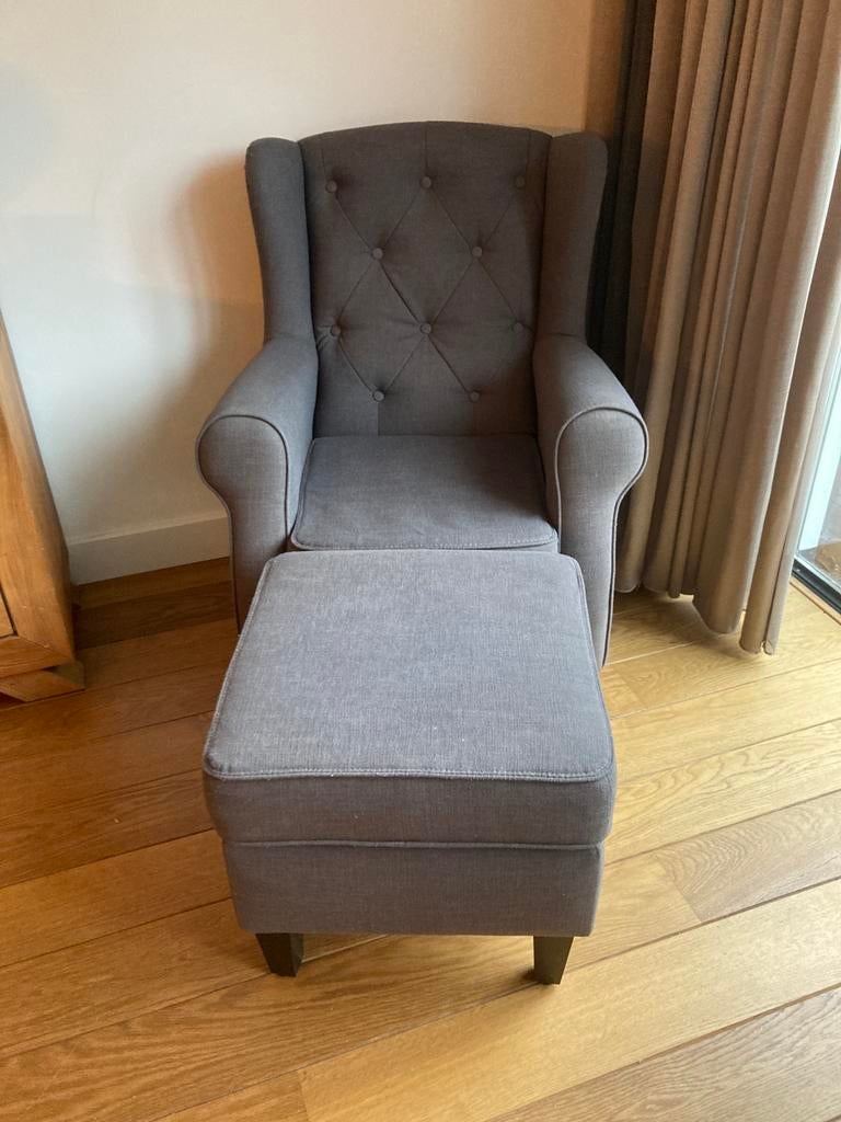 Oorfauteuil grijs met hocker, Huis en Inrichting, Fauteuils, Ophalen, Minder dan 75 cm, Stof, 50 tot 75 cm