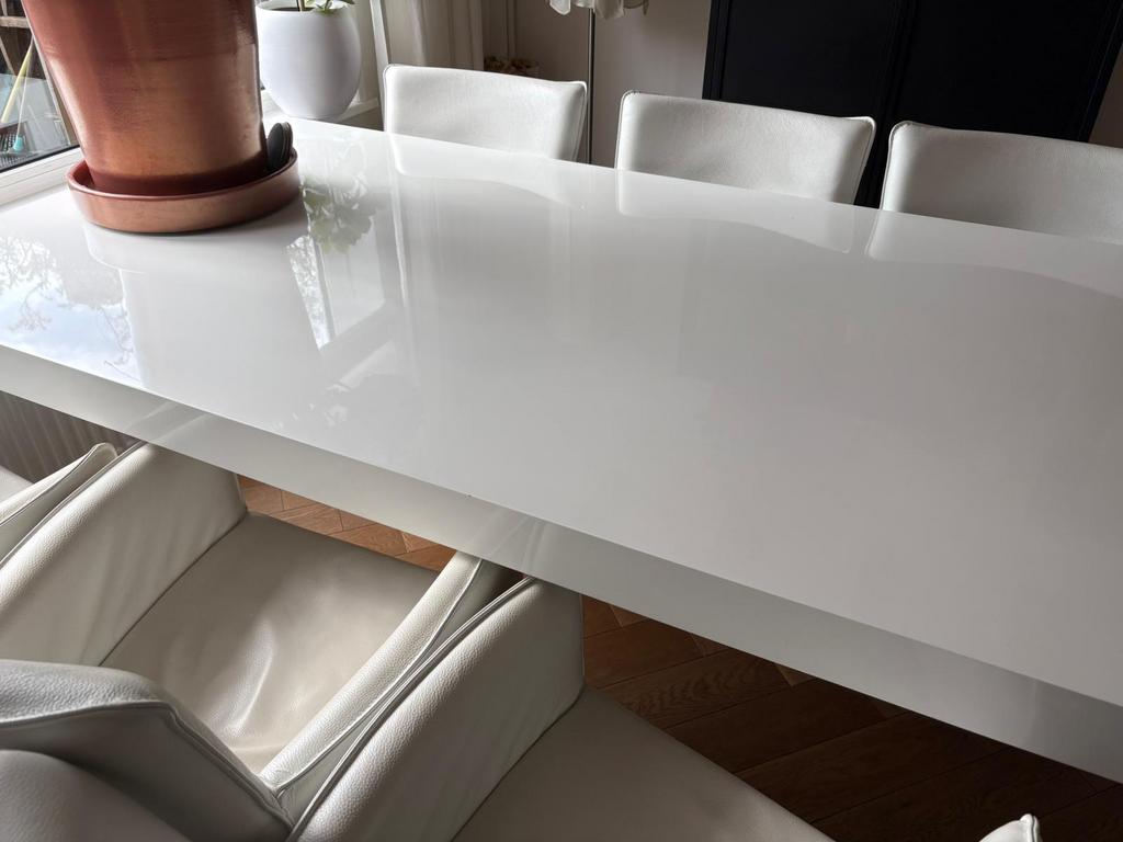 Supermooie eettafel van Goossens wonen  wit  hoogglans, Ophalen, 100 tot 150 cm, 200 cm of meer, Zo goed als nieuw