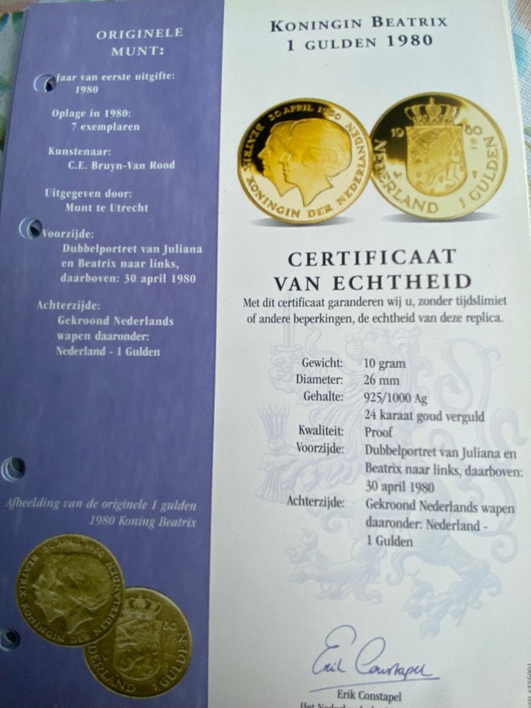 Set sterling zilver vergulde replica munten met certificaat, Postzegels en Munten, Munten | Nederland, Setje, Koningin Beatrix