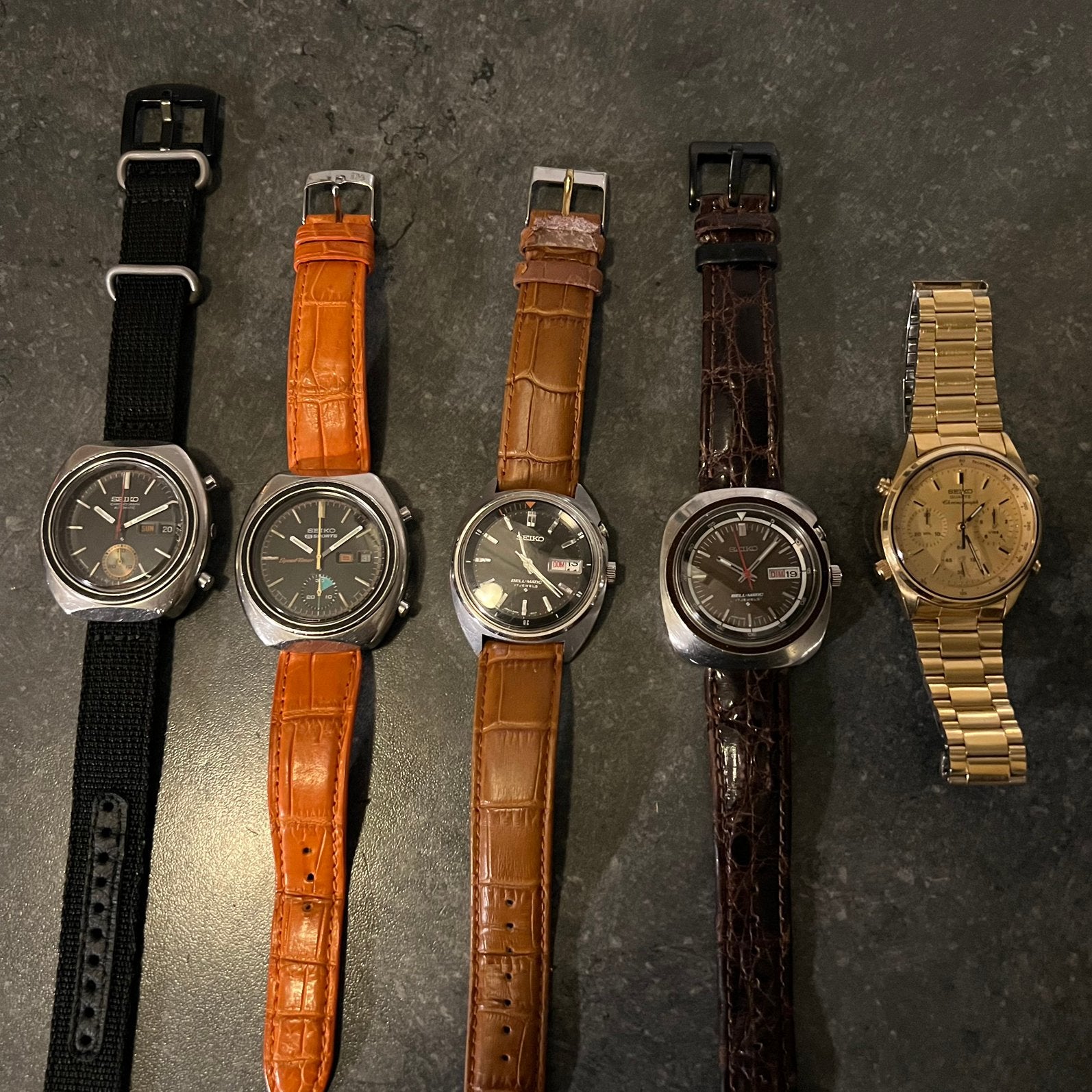 Seiko lot van 5, Seiko, Leer, Staal, Polshorloge