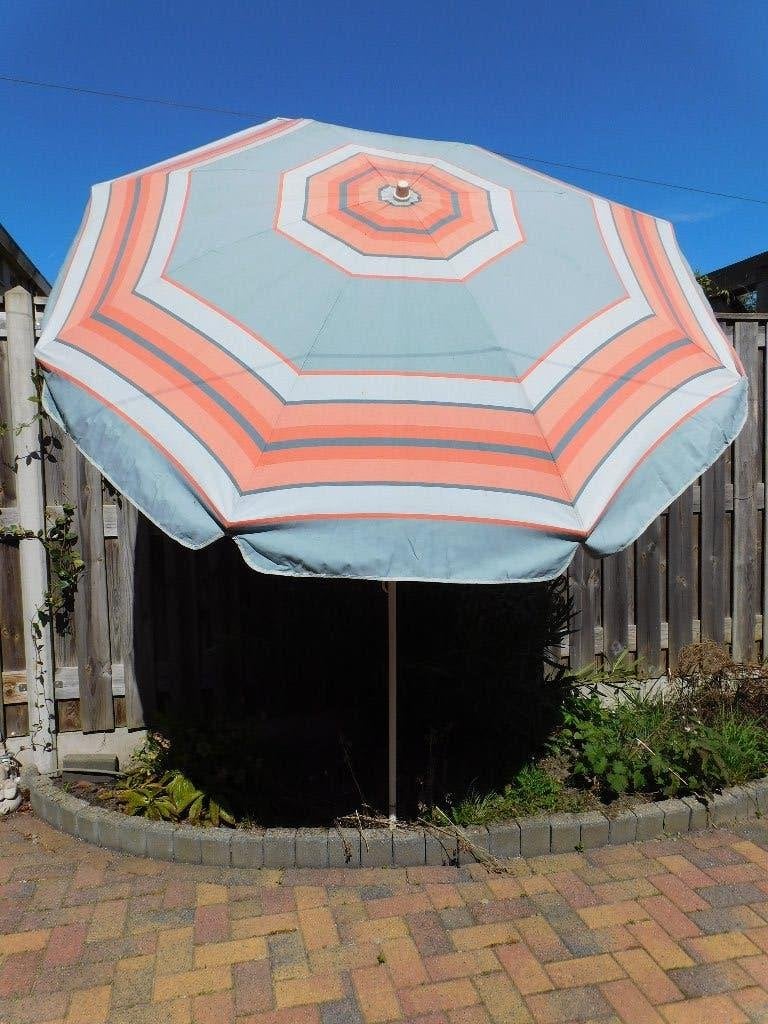 Vintage parasol in grijs met oranje strepen, dsn 194 cm, sto, Ophalen of Verzenden, Overige typen