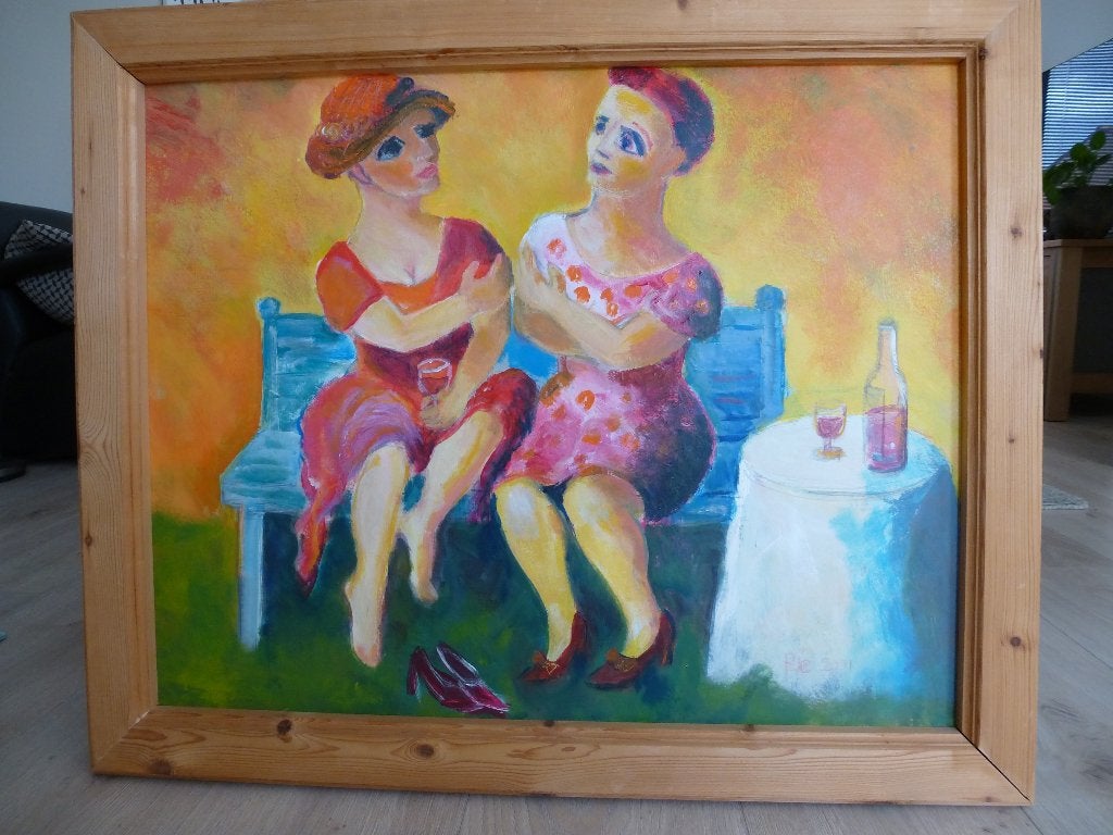 "Twee Vriendinnen"- Modern Kleurrijk Schilderij, Ophalen, Hout, Gesigneerd, Figuren