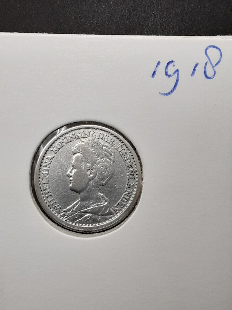 25 cent 1918 Koningin Wilhelmina, Postzegels en Munten, Munten | Nederland, Verzenden, Zilver, 25 cent, Koningin Wilhelmina