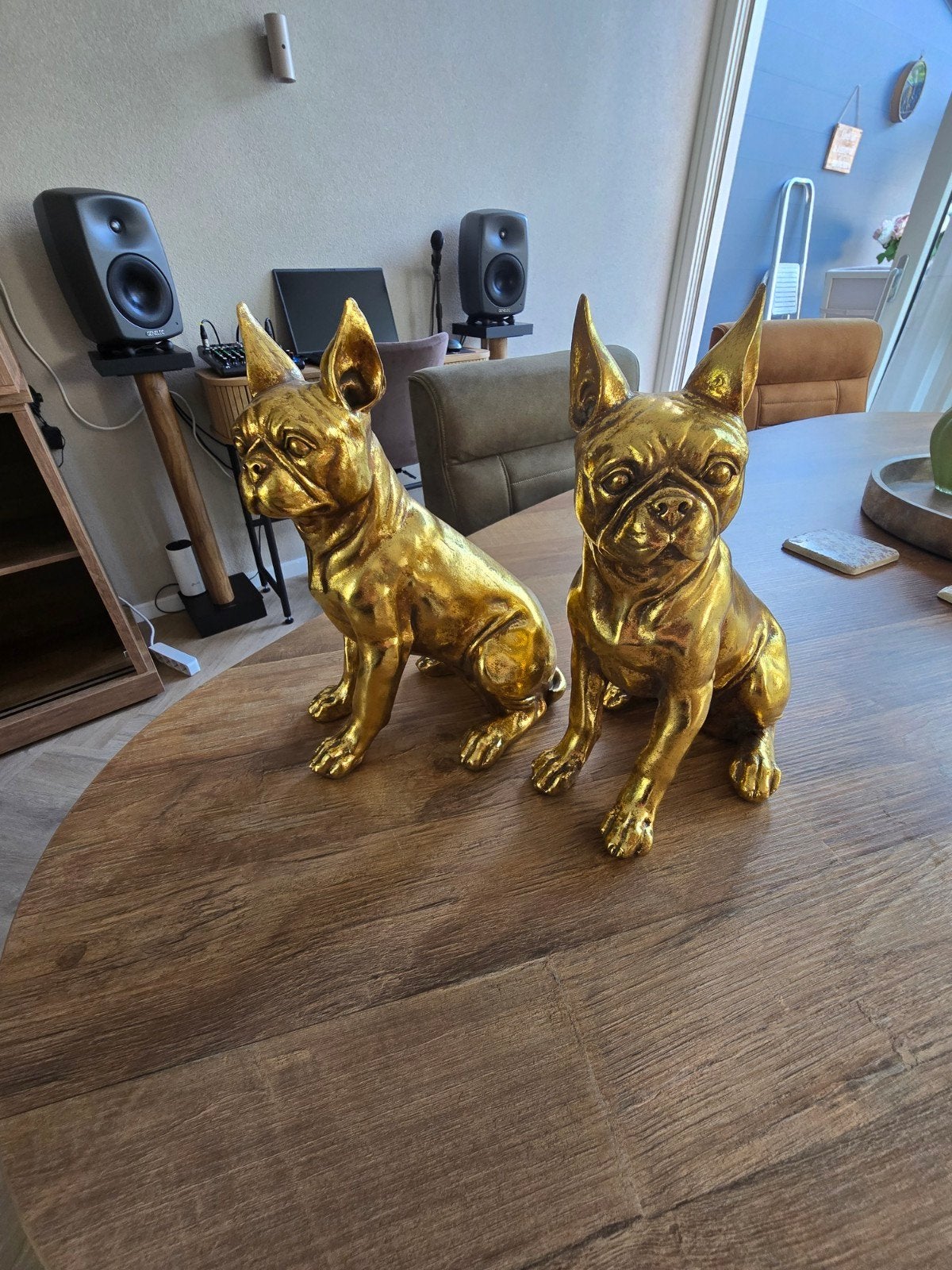2 Gouden Franse Bull Terriër Beelden, Overige materialen, Ophalen of Verzenden, Zo goed als nieuw, Goud