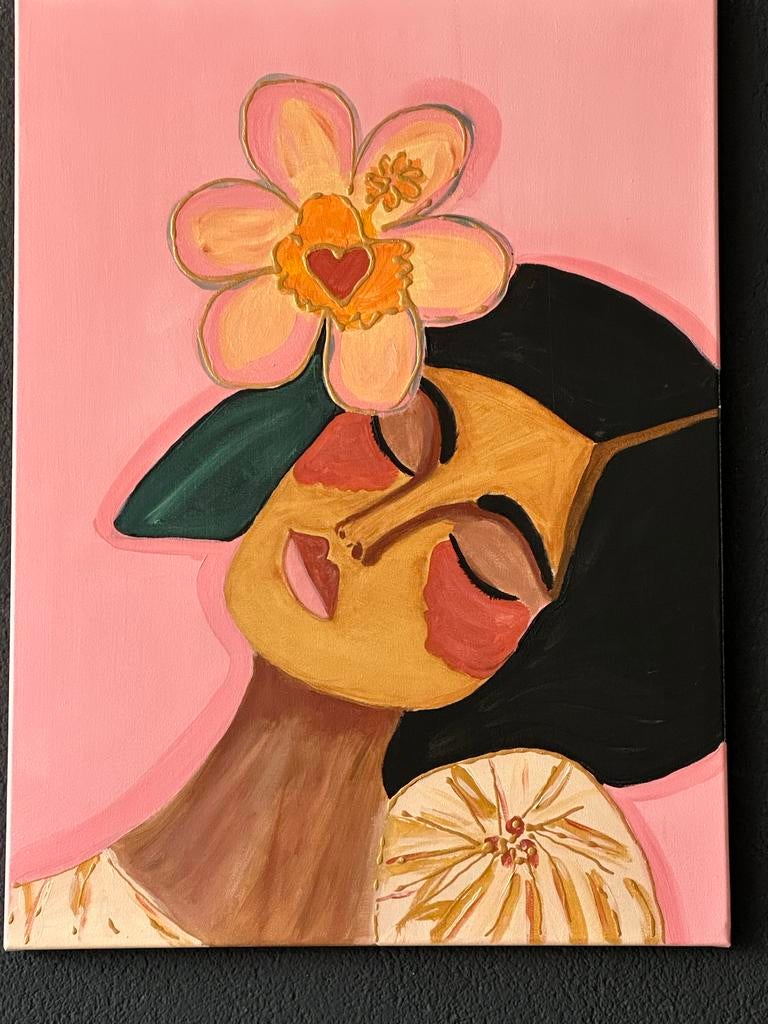 Schilderij van een vrouw met bloem in het haar, Ophalen of Verzenden
