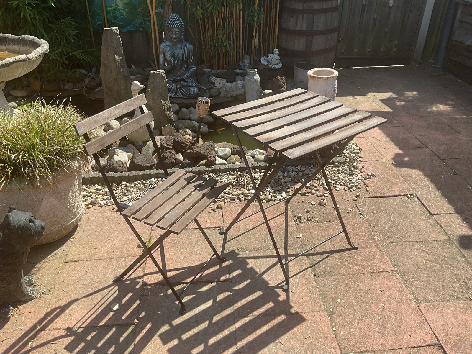 Balkonset: bistroset, Tuin en Terras, Tuinsets en Loungesets, Gebruikt, Tuinset, Hout, Eettafel, Ophalen