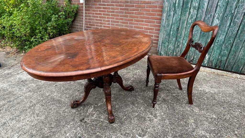 Antieke ovale eettafel met inlegwerk en bijpassende stoelen, Ophalen