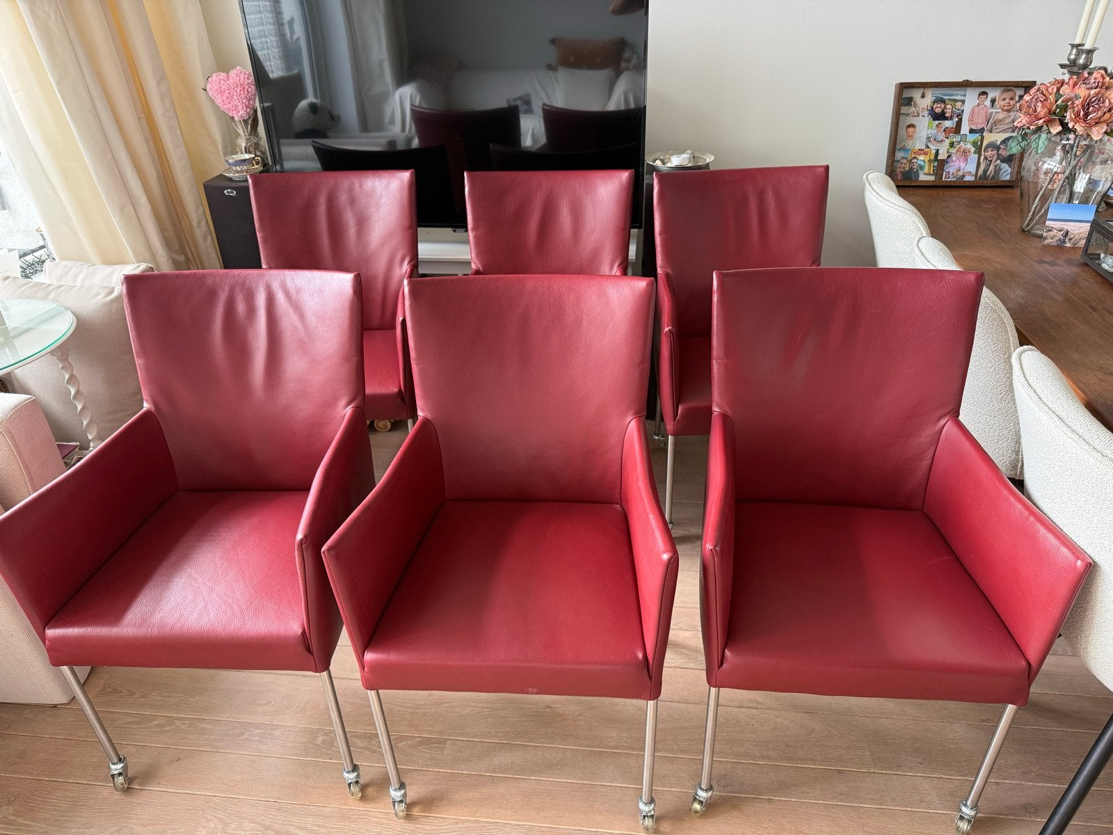Set van 6 Bert Plantagie leren eetkamerstoelen op wielen, Ophalen, Gebruikt, Leer, Vijf, Zes of meer stoelen