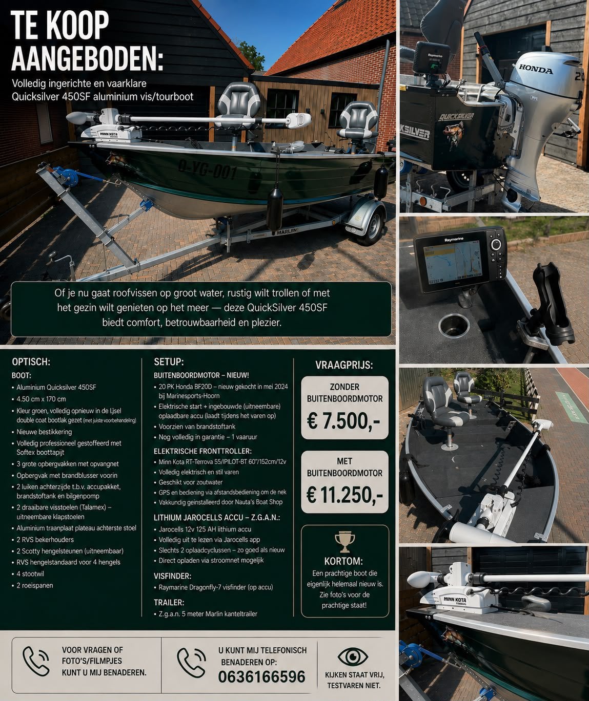 Z.g.a.n. quicksilver 450SF vis/consoleboot incl trailer, Watersport en Boten, Vis- en Consoleboten, Ophalen, Met afstandsbediening