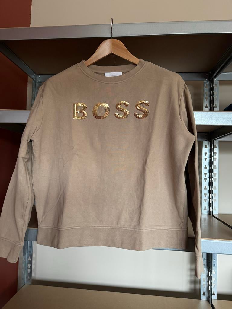 Boss zandkleurige sweater met gouden pailletten logo, Beige, Maat 42/44 (L), Ophalen of Verzenden, Zo goed als nieuw