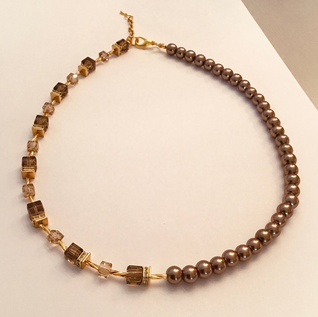 Design collier handgemaakt met Swarovski kristal en parels, Overige materialen, Bruin, Verzenden, Nieuw
