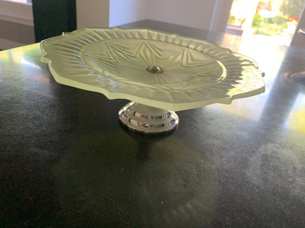 Art Deco cake stand groen glas, Ophalen of Verzenden