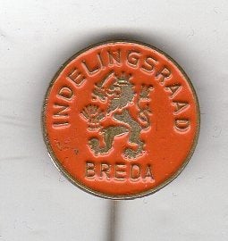 Speldje INDELINGSRAAD BREDA ORANJE LEEUW LEGER (A8), Verzamelen, Ophalen of Verzenden, Gebruikt, Overige onderwerpen
