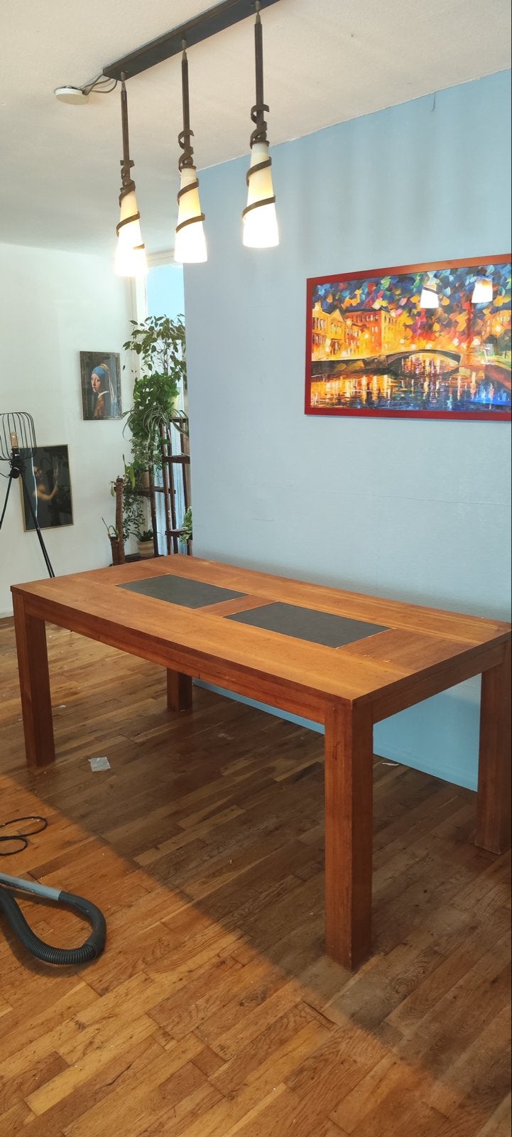 Houten eettafel met leisteen inleg, Huis en Inrichting, Tafels | Eettafels, Ophalen, Gebruikt, 50 tot 100 cm, Vijf personen of meer