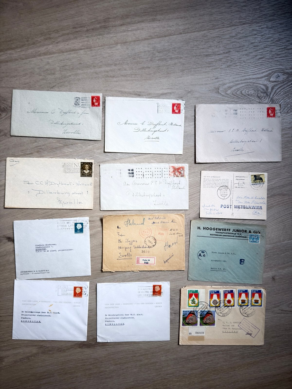 Set van 12 enveloppen met verschillende leuke poststempels, Ophalen of Verzenden, Na 1940, Gestempeld