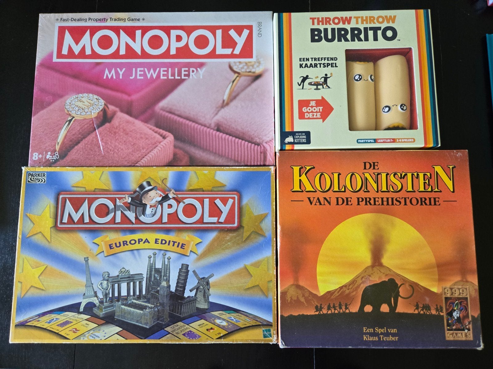 monopoly, Catan prehistorie en throw throw burrito, Vijf spelers of meer, Ophalen, Gebruikt, Parker, 999 Games, Exploding Kittens