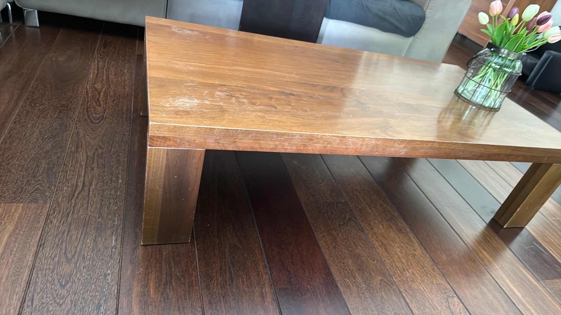 Massief notenhout salontafel, Ophalen, Gebruikt, 100 tot 150 cm, 50 tot 100 cm