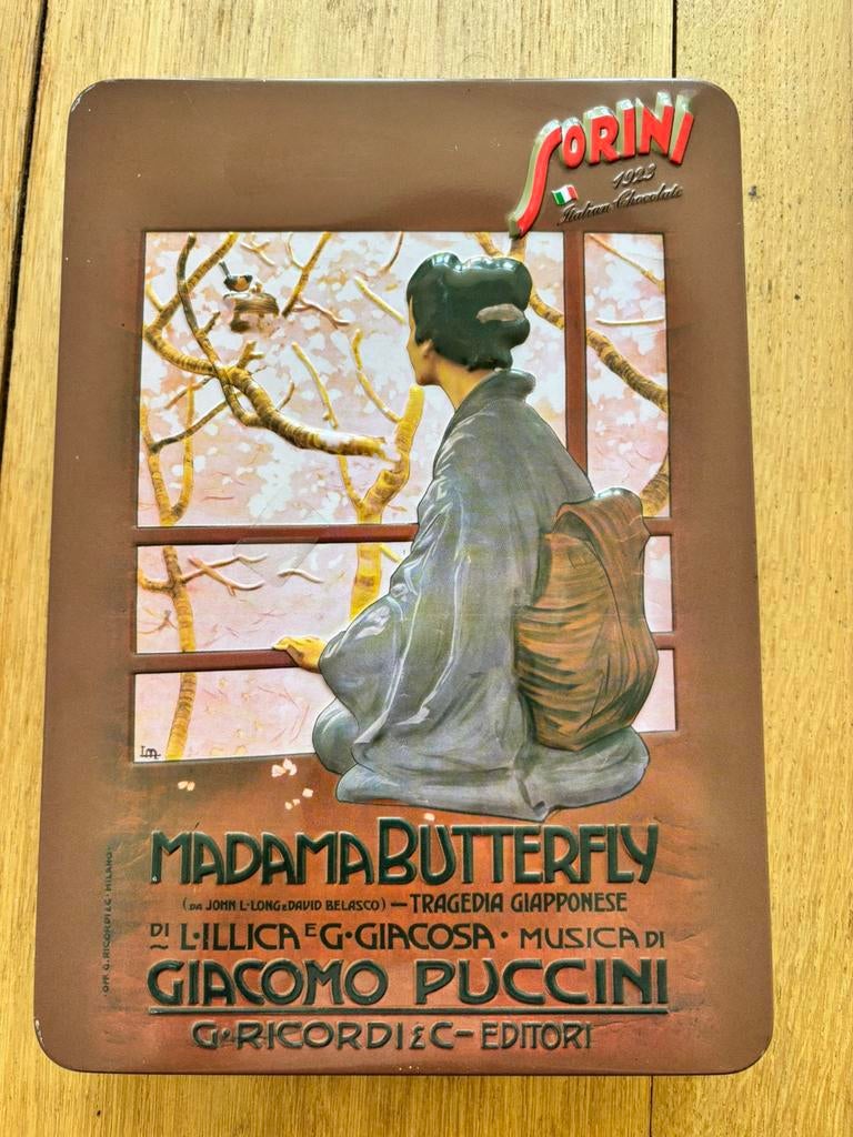 Vintage leeg koelblik Madame Butterfly Sorini, Ophalen of Verzenden, Gebruikt, Overige, Overige merken