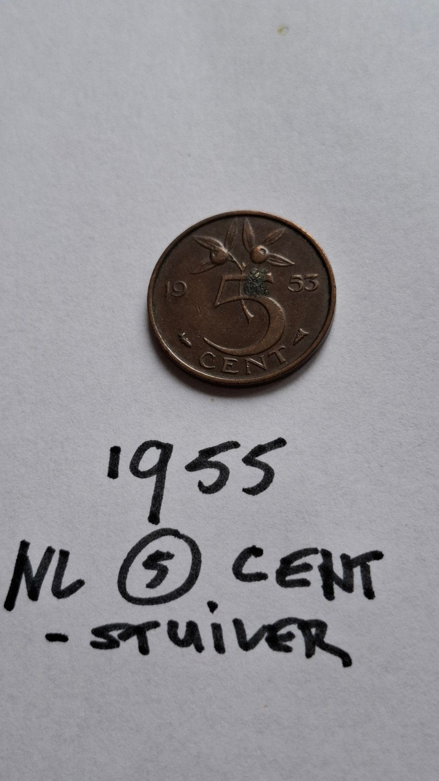 Oude munten: 1x Nederland 5 cent stuiver 1955, Ophalen of Verzenden