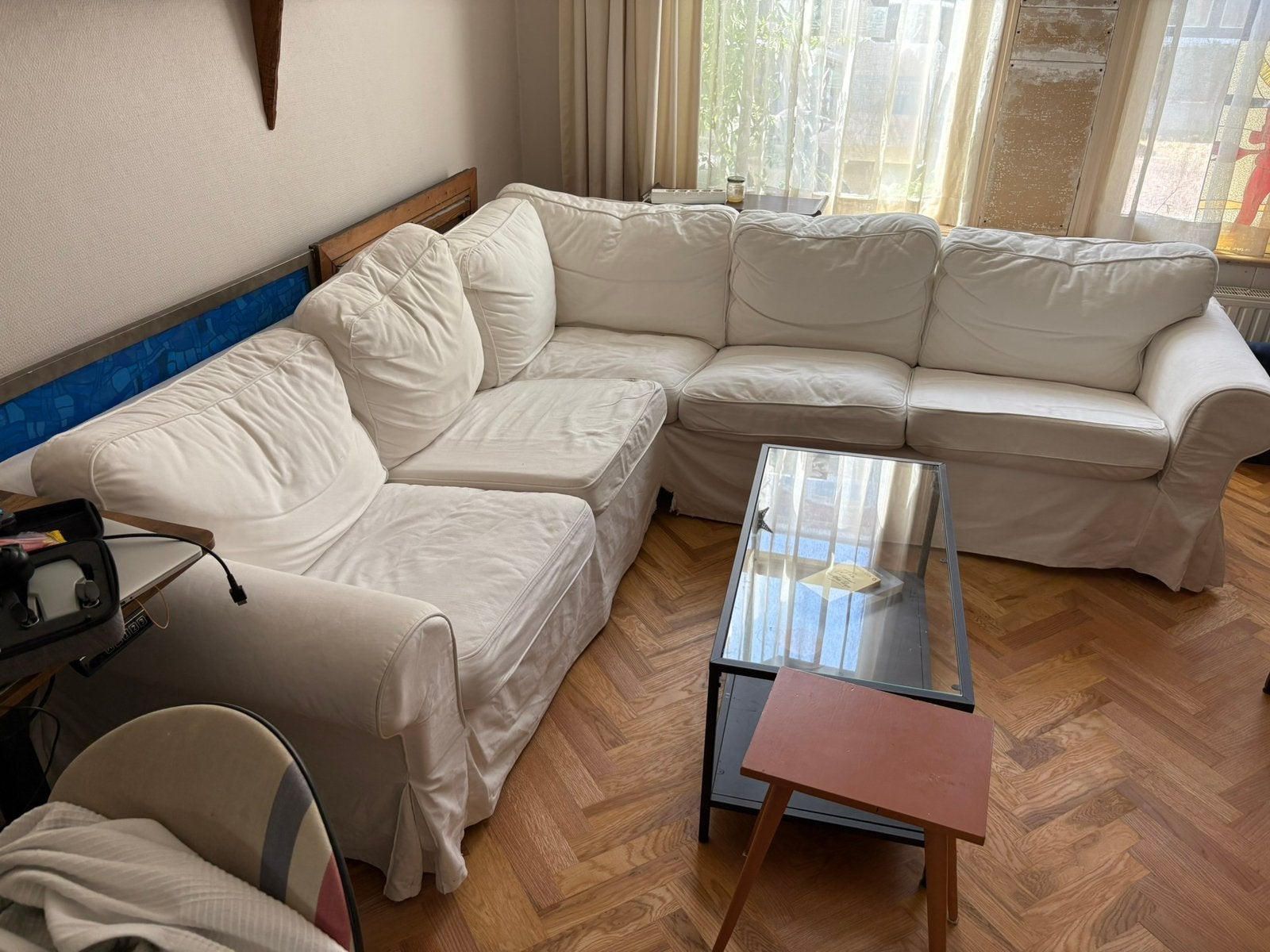 Ikea hoekbank Ektorp beige met bijpassende stoel, Ophalen, Gebruikt, Stof