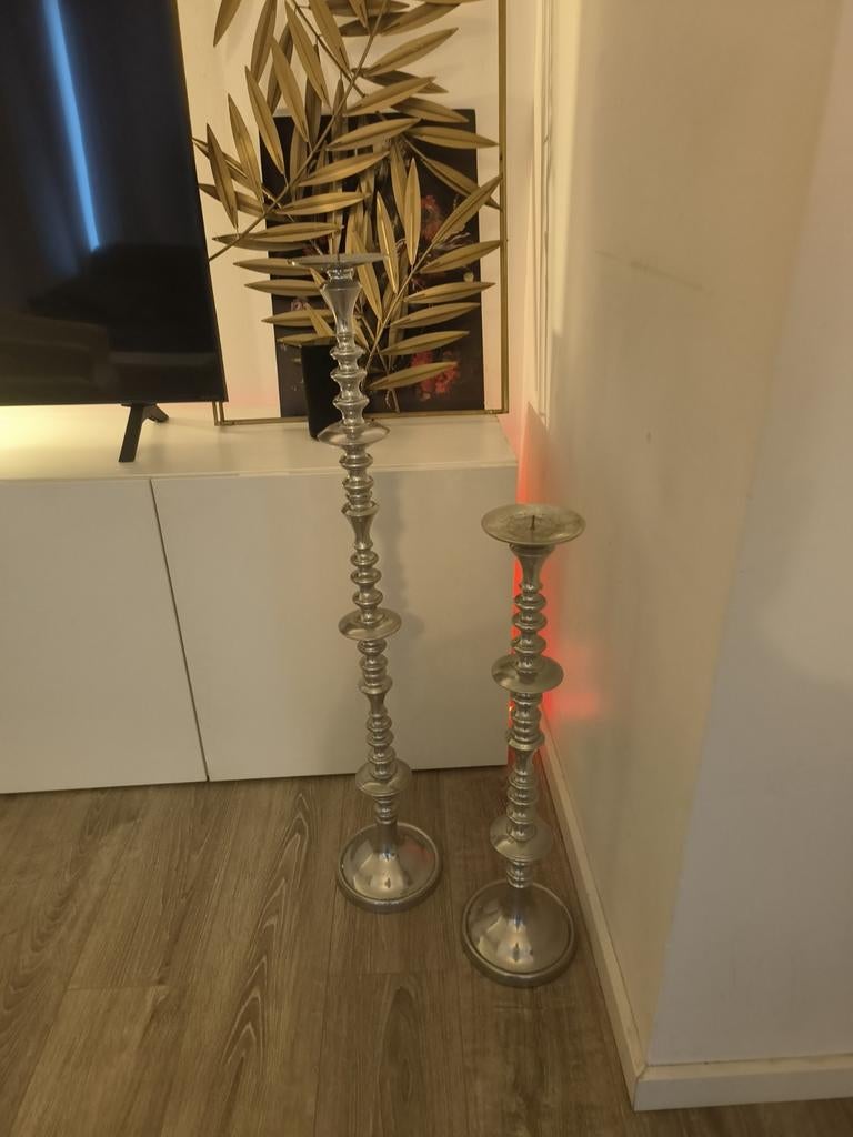 Hoge kandelaar zilver chroom 2x, Huis en Inrichting, Woonaccessoires | Kandelaars en Kaarsen, Ophalen