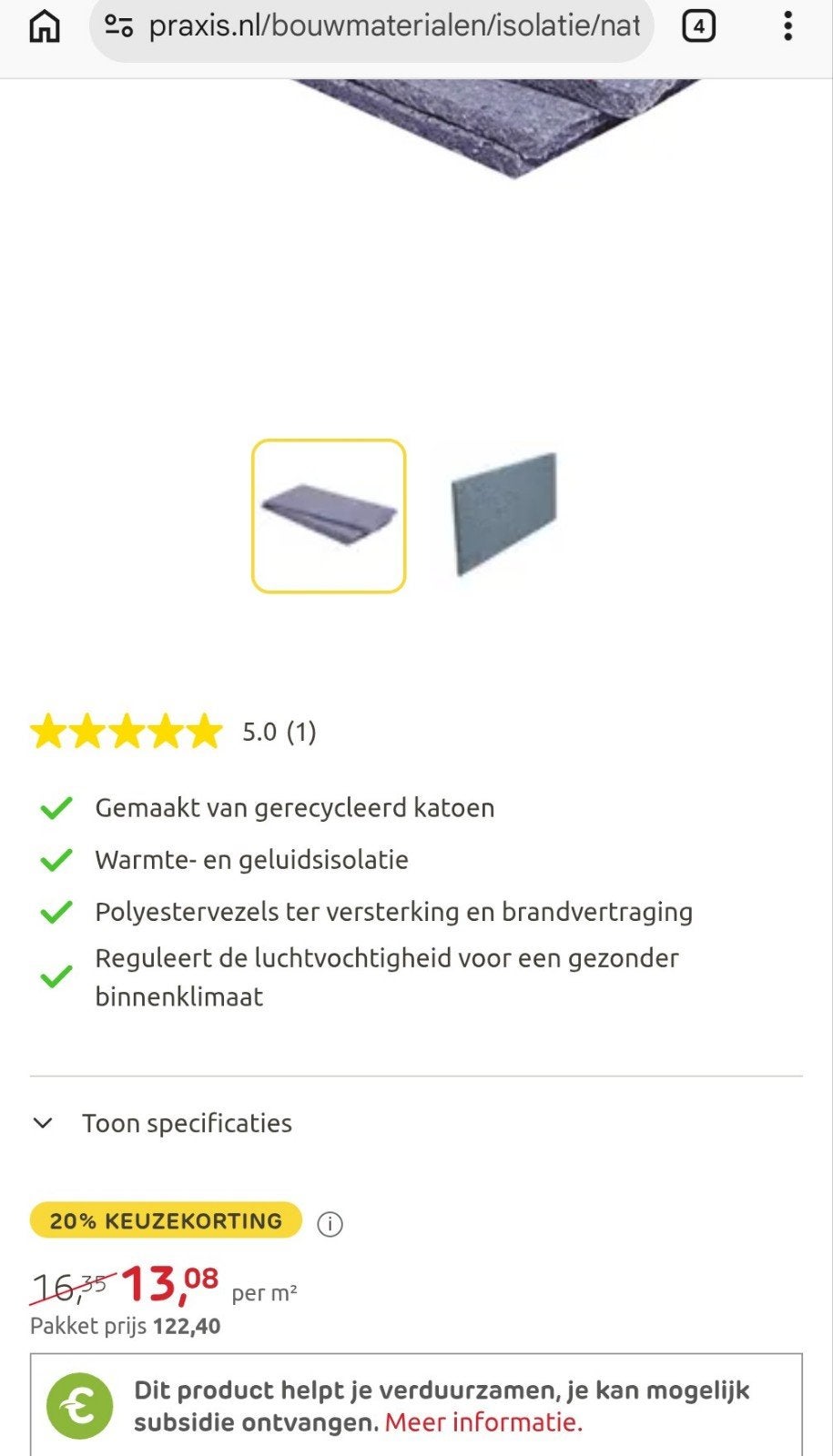 Nieuwe Métisse isolatieplaten katoen 45mm, 9,36 m², Doe-het-zelf en Verbouw, Isolatie en Afdichting, Ophalen, 4 tot 8 cm, Nieuw