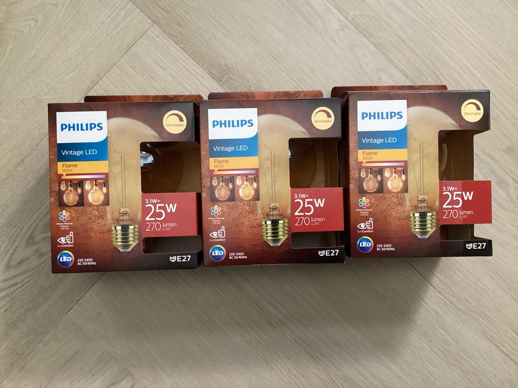 Philips Vintage LED Flame E27 lampen, 3 stuks, Huis en Inrichting, Lampen | Losse lampen, Ophalen, Led-lamp, Minder dan 30 watt