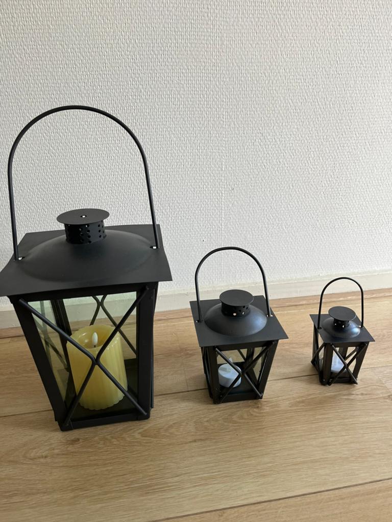 Set van 3 zwarte metalen lantaarns, Ophalen, Zwart, Zo goed als nieuw, Metaal
