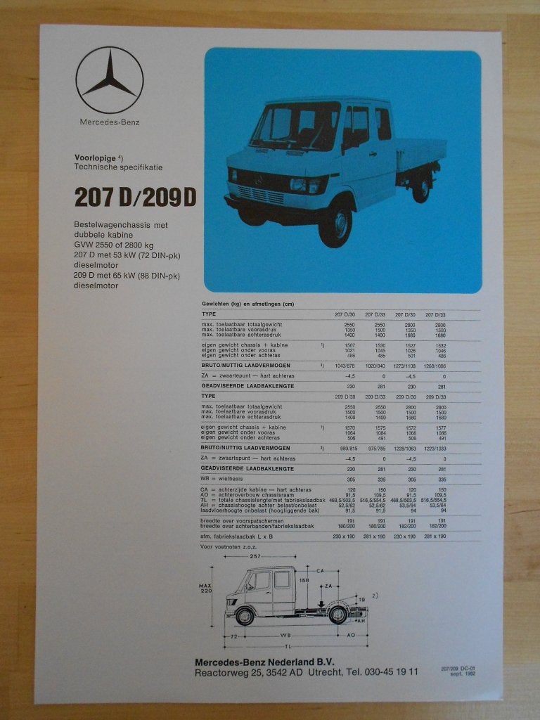 Mercedes 207 209 Specificatie Brochure 1982 207D 209D, Zo goed als nieuw, Mercedes-Benz, Mercedes, Ophalen of Verzenden