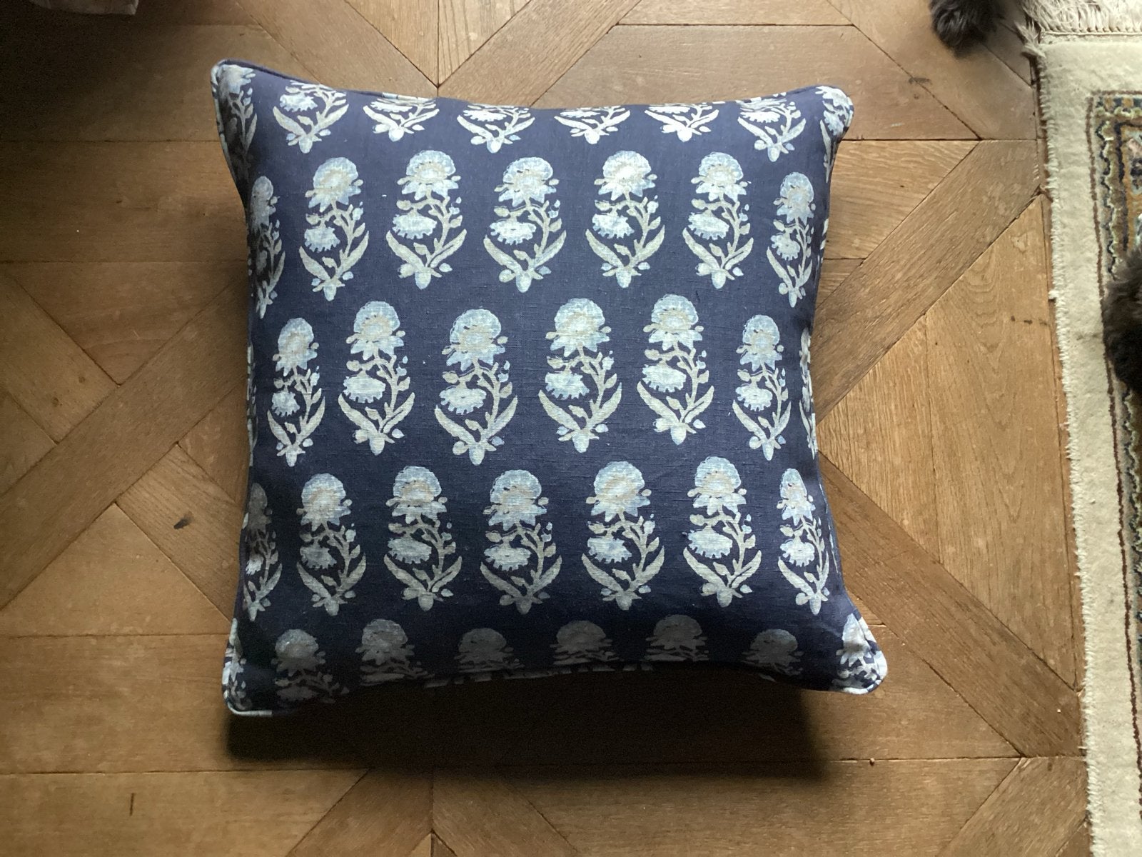 Ralph Lauren 'Tonya Floral' linnen kussen blauw/wit, Overige merken, Blauw, Vierkant, Nieuw