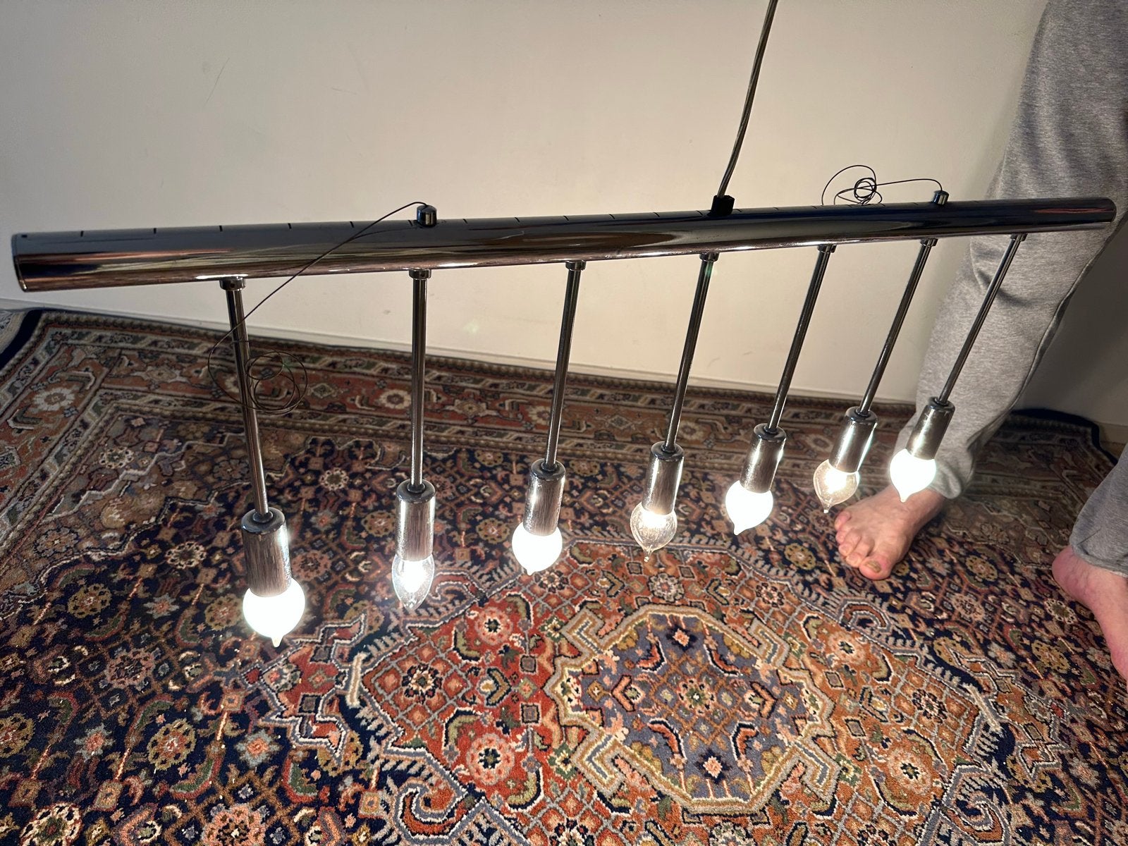 Moderne hanglamp met 7 lichtpunten - Chroom, Ophalen of Verzenden, Gebruikt, Metaal, E14 (klein)