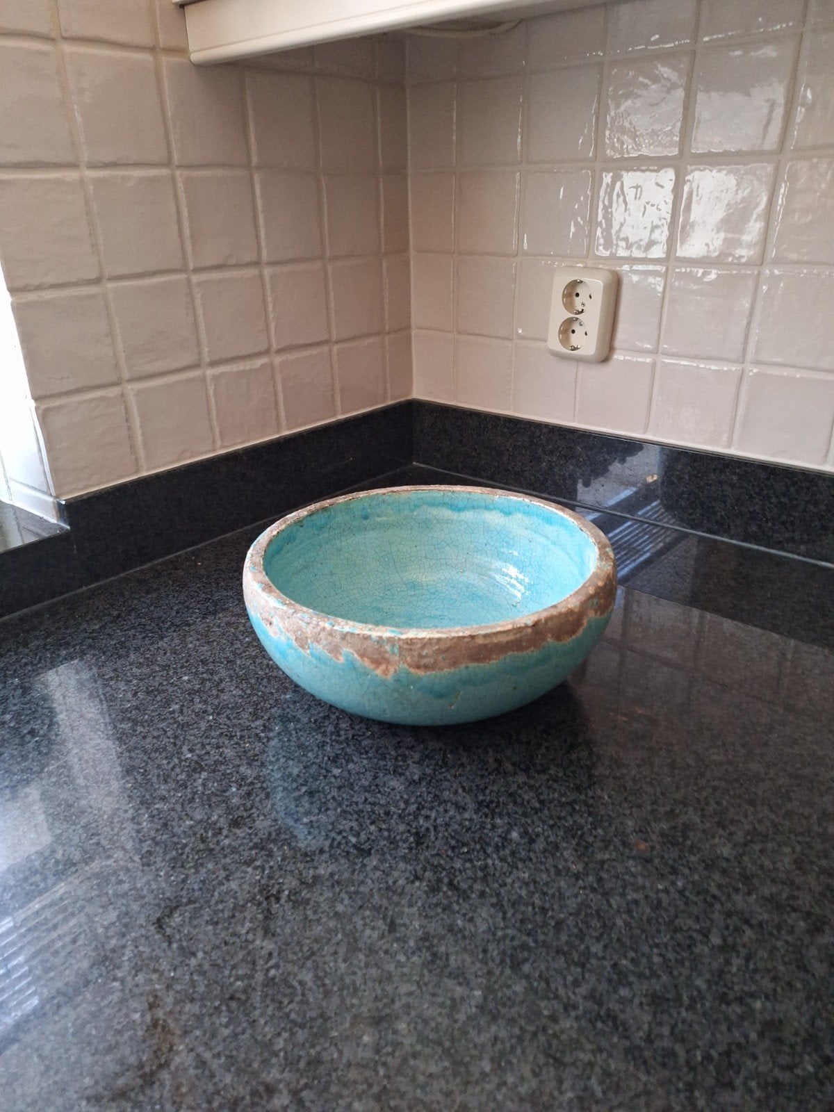 Mooie Stenen Geglazuurde Turquoise Schaal, Tuin en Terras, Bloembakken en Plantenbakken, Ophalen of Verzenden