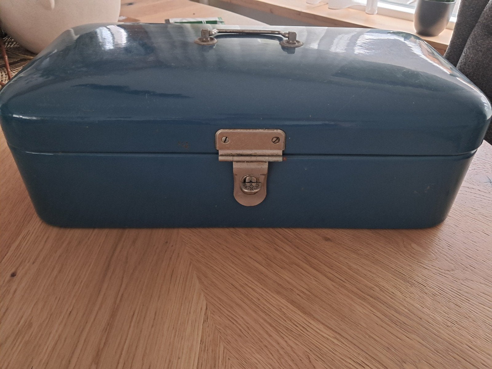 emaille broodtrommel blauw / groen, Antiek en Kunst, Ophalen
