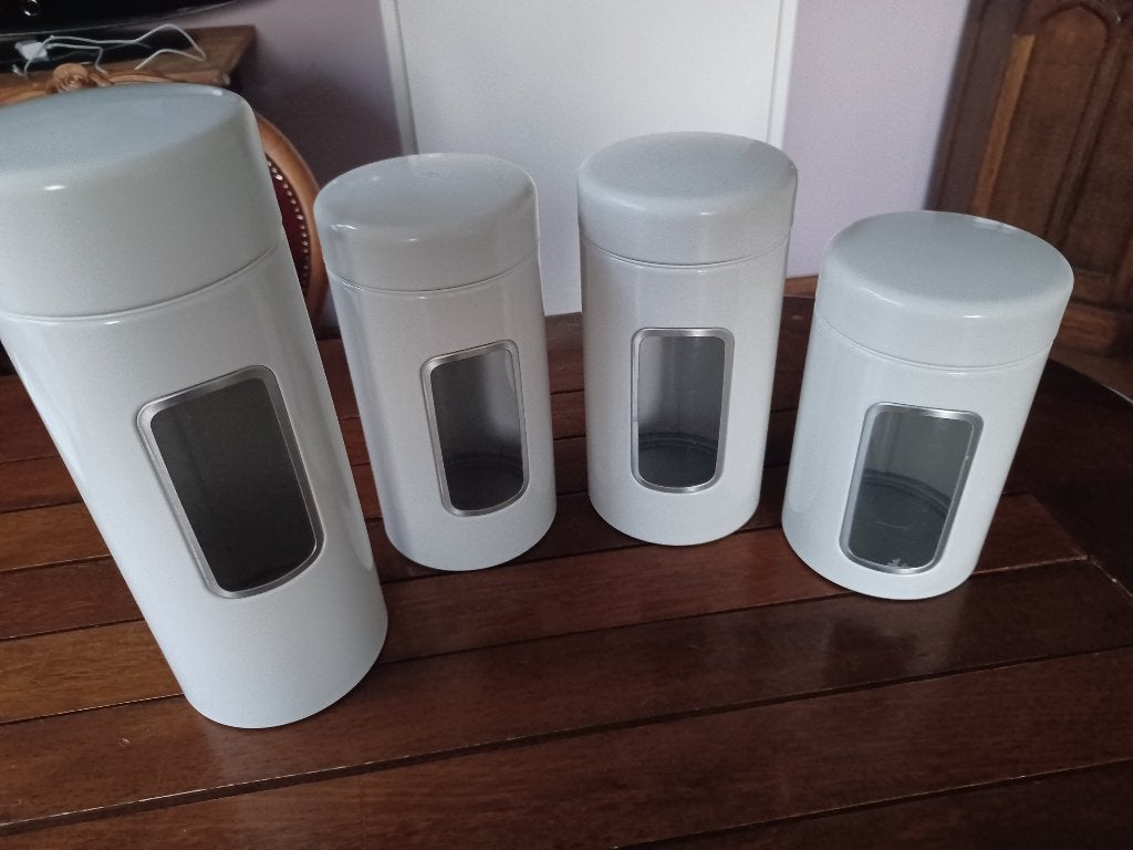 voorraadbussen Brabantia, 4 stuks, wit met kijkglas, Huis en Inrichting, Kunststof, Ophalen of Verzenden, Zo goed als nieuw, Voorraadpot