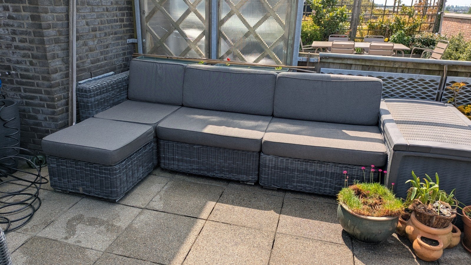 Wicker Loungeset met Hoekbank en Fauteuil - Grijs, Tuin en Terras, Tuinsets en Loungesets, Ophalen, 4 zitplaatsen, Gebruikt, Loungeset