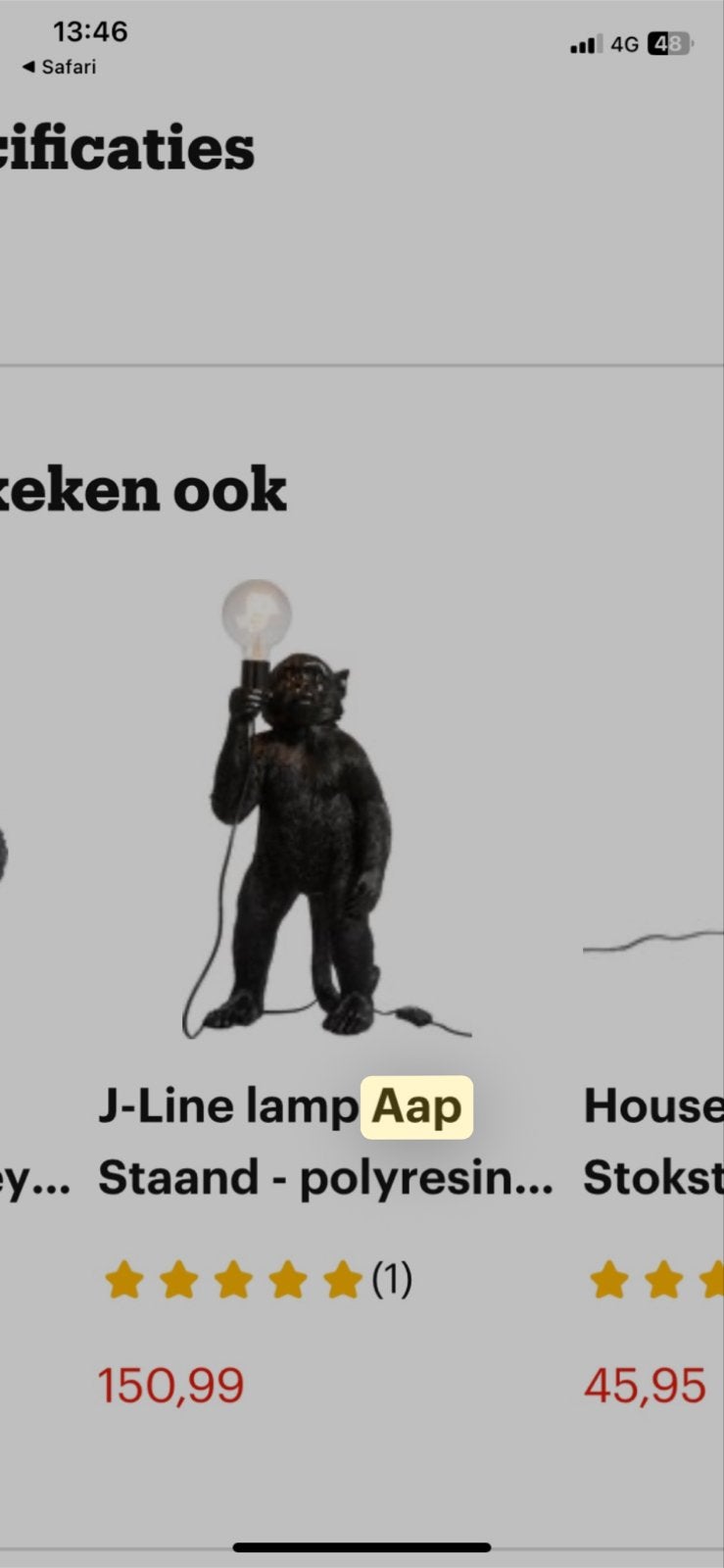 J-Line lamp Aap Staand - polyresin - zwart, Huis en Inrichting, Ophalen, Overige merken, Kunststof, Zwart