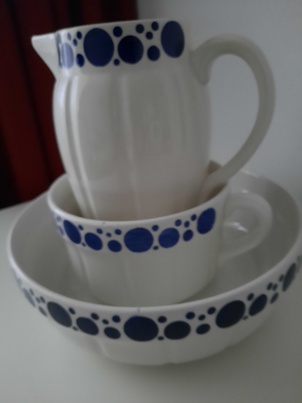 Vintage Lampetset met blauwe stippen, Antiek en Kunst, Ophalen
