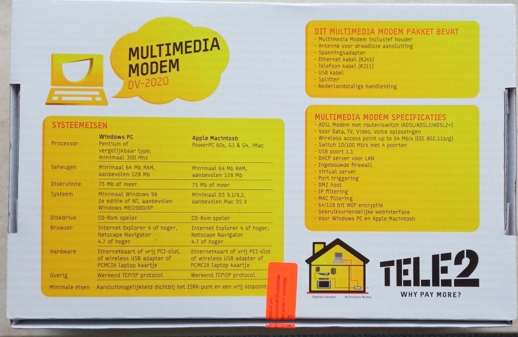 modem router tele2 oud model ADSL, type DV2020, Computers en Software, Ophalen of Verzenden, Gebruikt, Router met modem