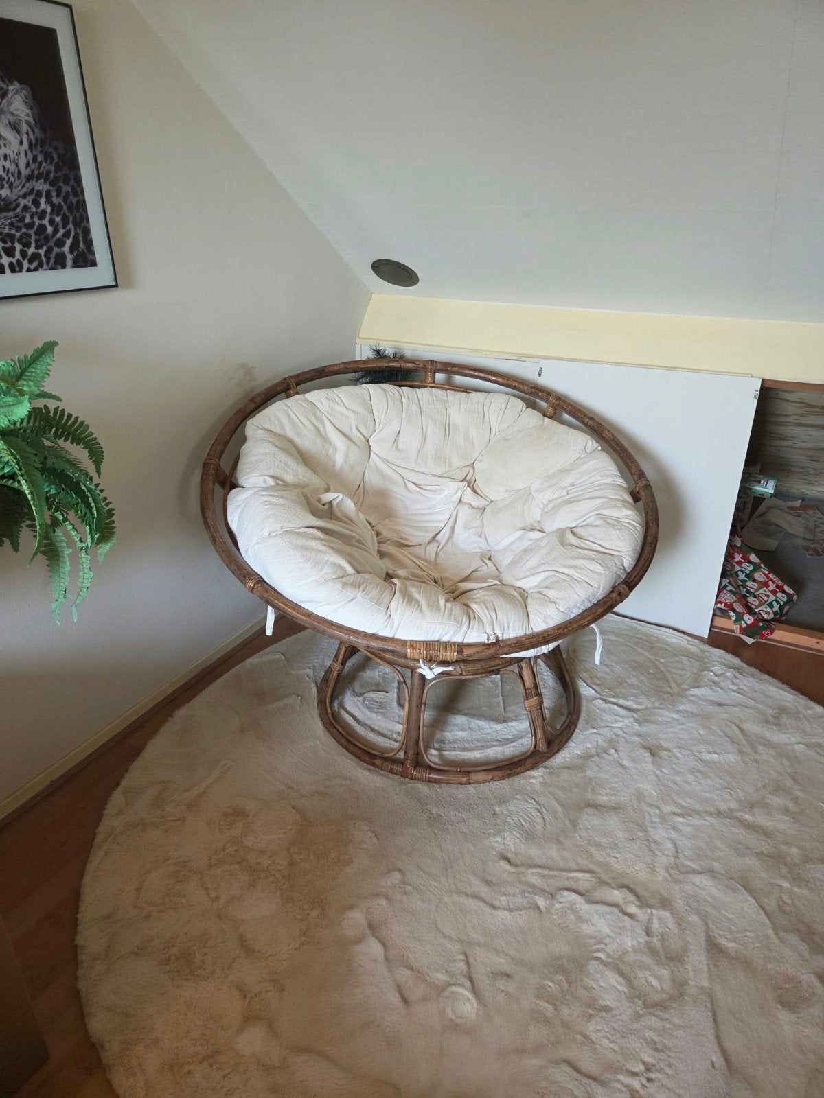 Grote ronde Papasan stoel bamboe/rotan met kussen, Ophalen of Verzenden, Zo goed als nieuw