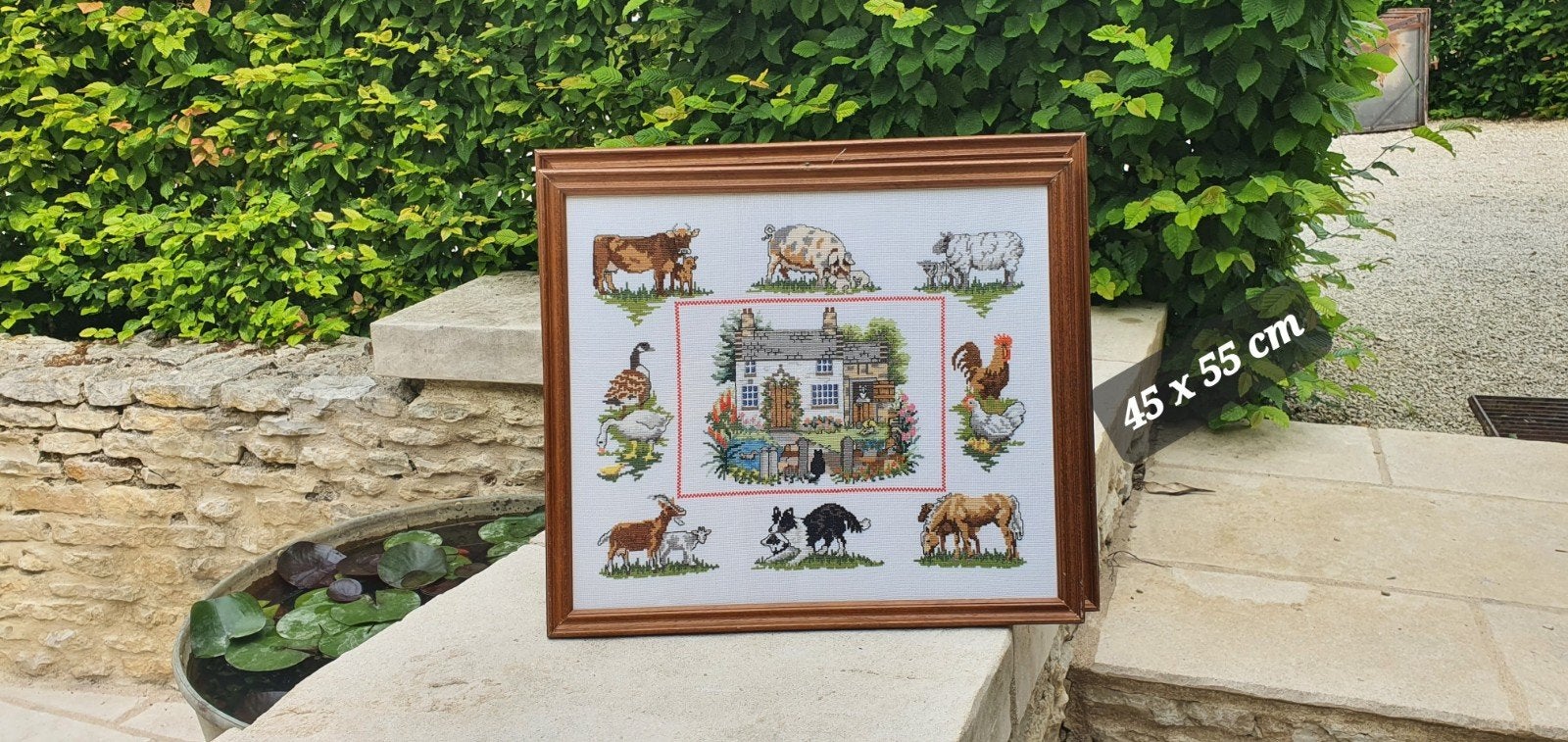 brocante ingelijst schilderij met borduurwerk boerderij, Ophalen of Verzenden, Zo goed als nieuw, Overige typen