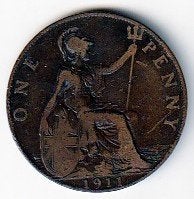 1  penny   1911  Engeleland. km. 810, Ophalen of Verzenden, Overige landen, Losse munt