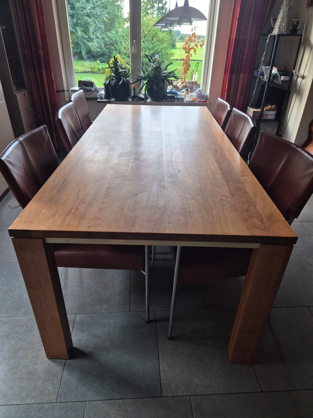 Eethoek met leren bordeaux rode stoelen, Huis en Inrichting, Ophalen, Gebruikt, 4 tot 6 stoelen