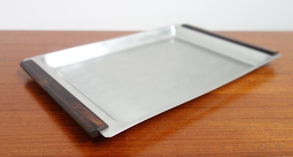 2x metalen schalen TEAK handvat 4kant en rechthoek dienblad, Overige materialen, Gebruikt, Schaal, Ophalen of Verzenden