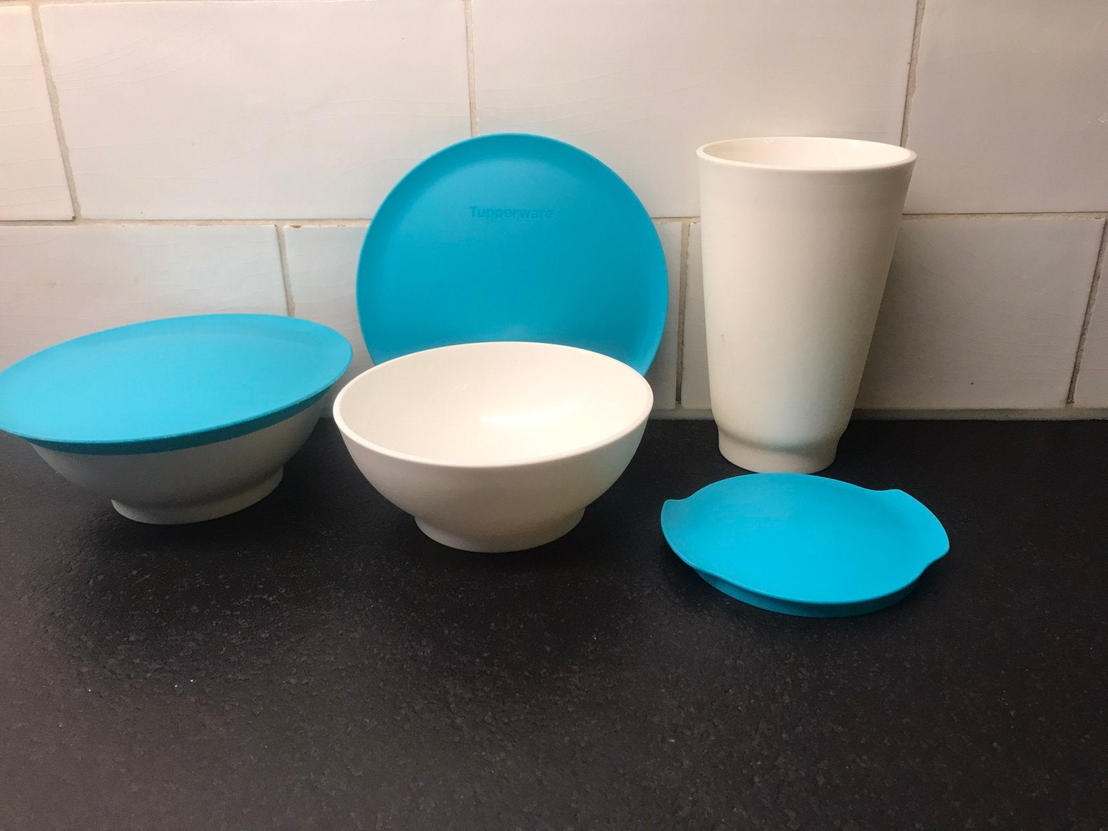 Tupperware set allegra schaaltjes kommetjes 275 ml en beker, Blauw, Overige typen, Met deksel, Ophalen of Verzenden