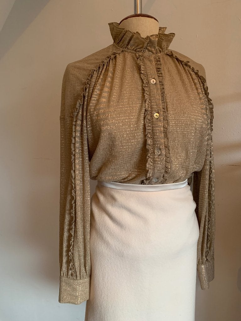 Antik Batik blouse beige khaki groen goud M/38 - L/40, Maat 38/40 (M), Verzenden, Beige, Zo goed als nieuw