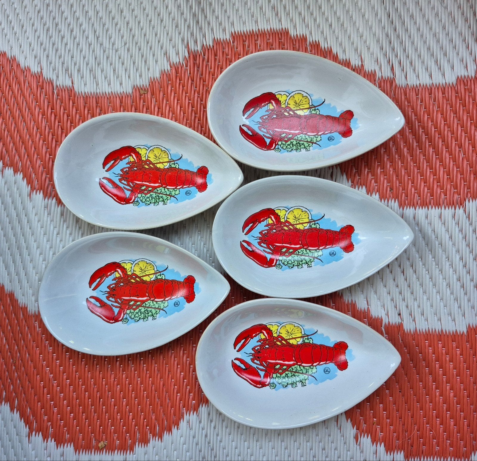 Avocadoschaaltjes, kreeftenschaaltjes,vintage visservies '50, Ophalen of Verzenden, Zo goed als nieuw, Overige stijlen