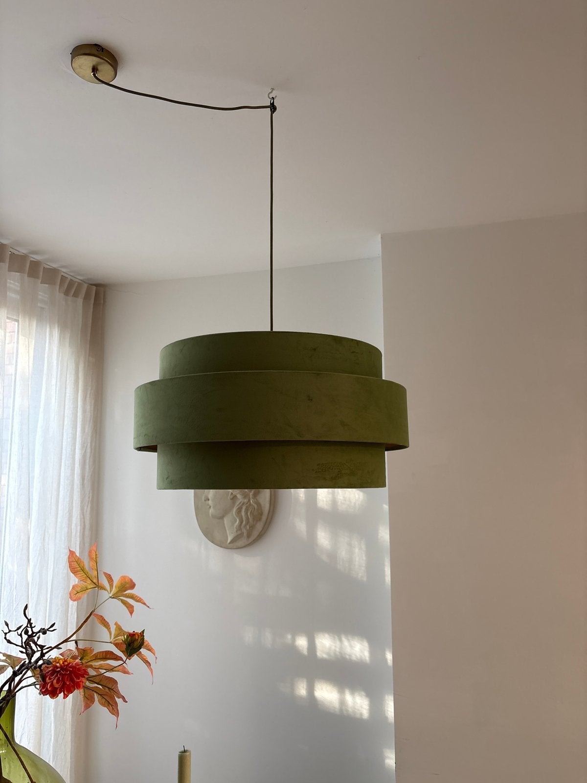 Madame Garage hanglamp - Olijfgroen - Vintage stijl, Ophalen, Zo goed als nieuw, Textiel, E27 (groot)