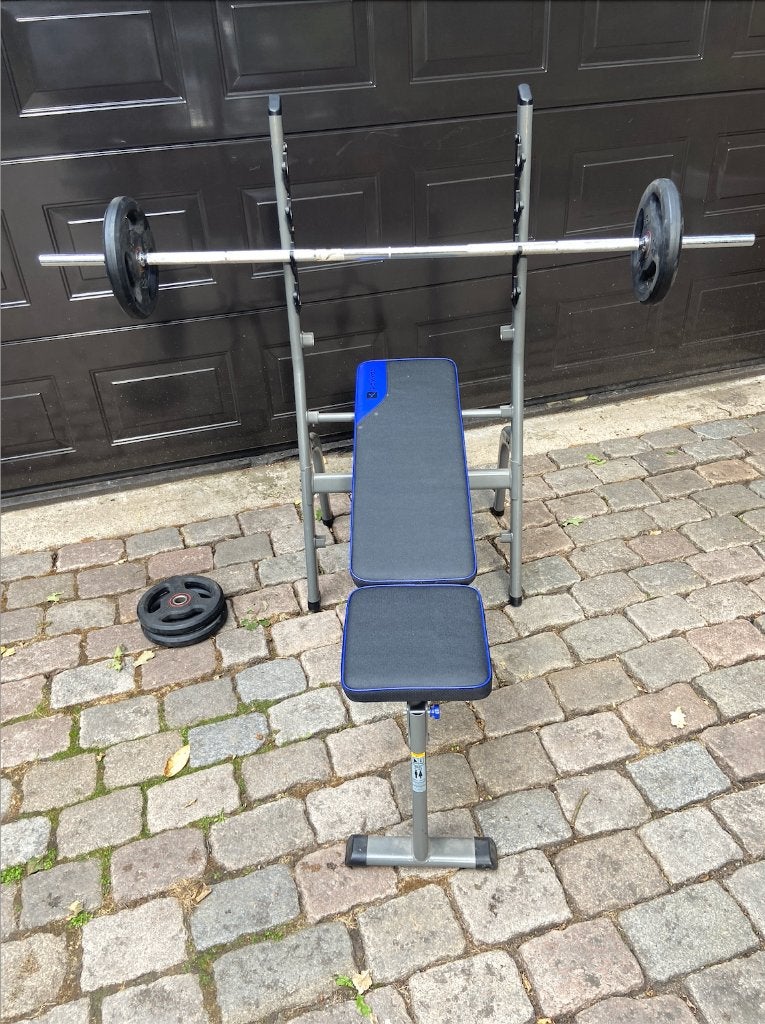 Halterbank met 2x10 kg en 2x5 kg, Krachtstation, Ophalen of Verzenden, Zo goed als nieuw, Metaal